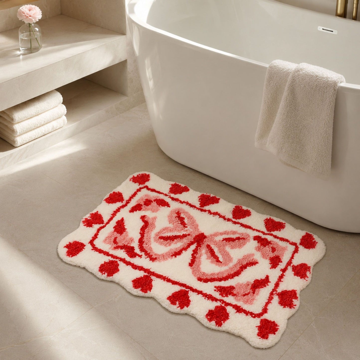 Bow and Heart Shaped Bath Mat Nonslip Accent Rug 15.7 x 23.6 Inches