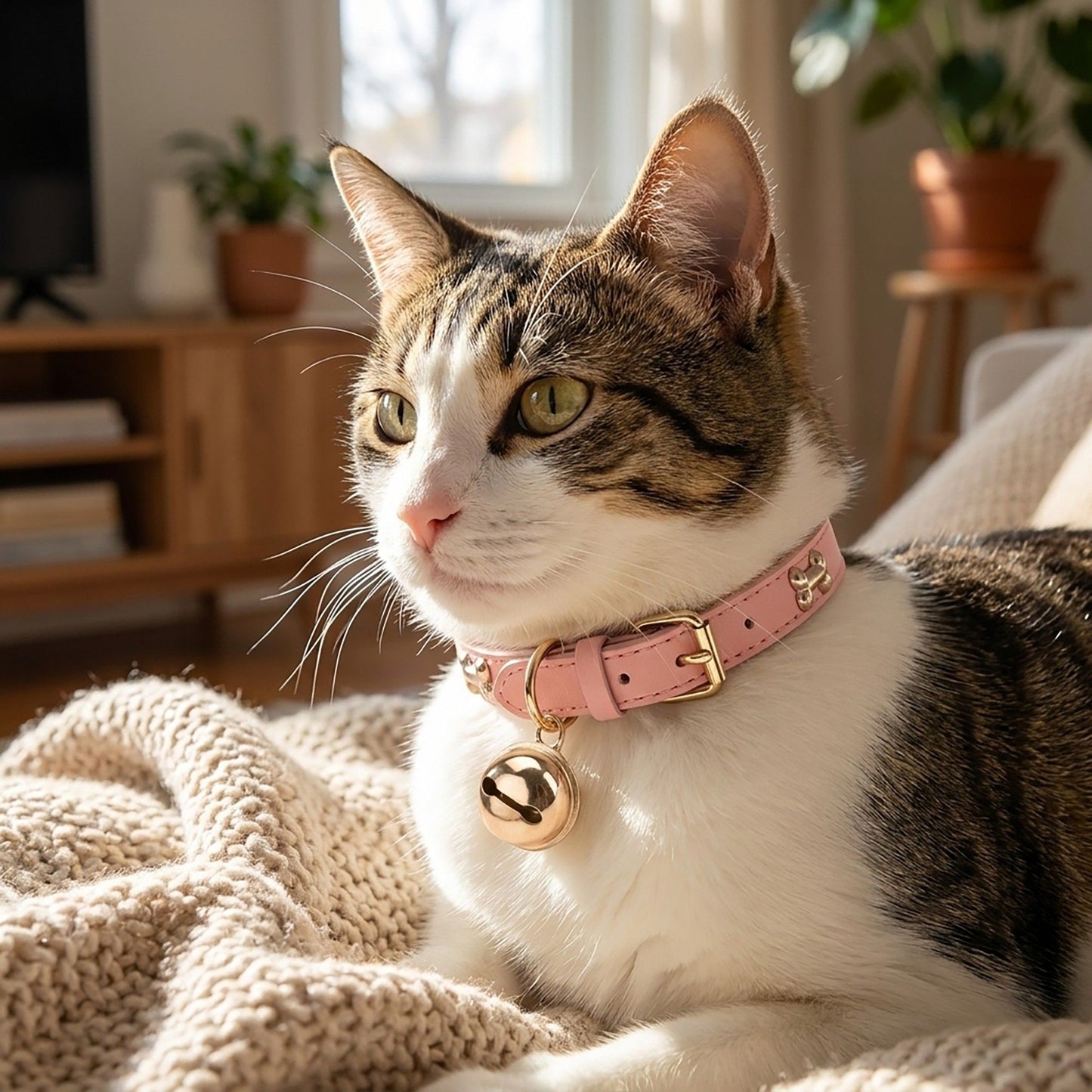 Adjustable Dog & Cat Collar with Paw Print Decoration and Bell Soft PU Leather