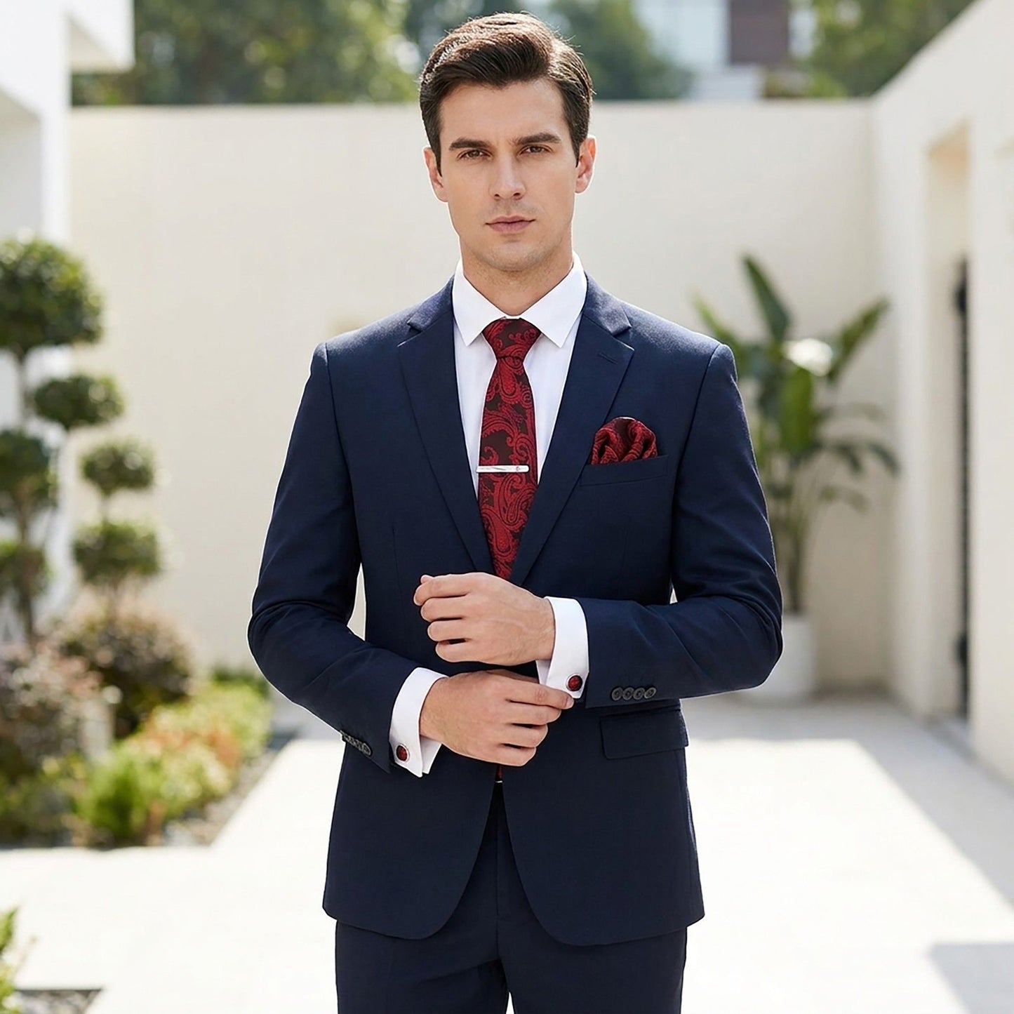 Men's Floral Print Tie Gift Set with Matching Pocket Square Cufflinks and Silver Tie Clip