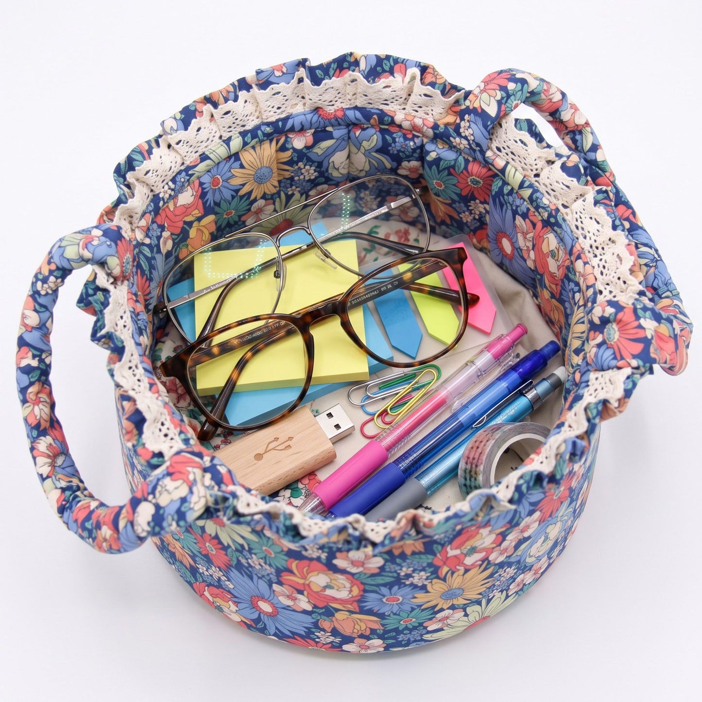 Floral Quilted Fabric Storage Basket with Carry Handles