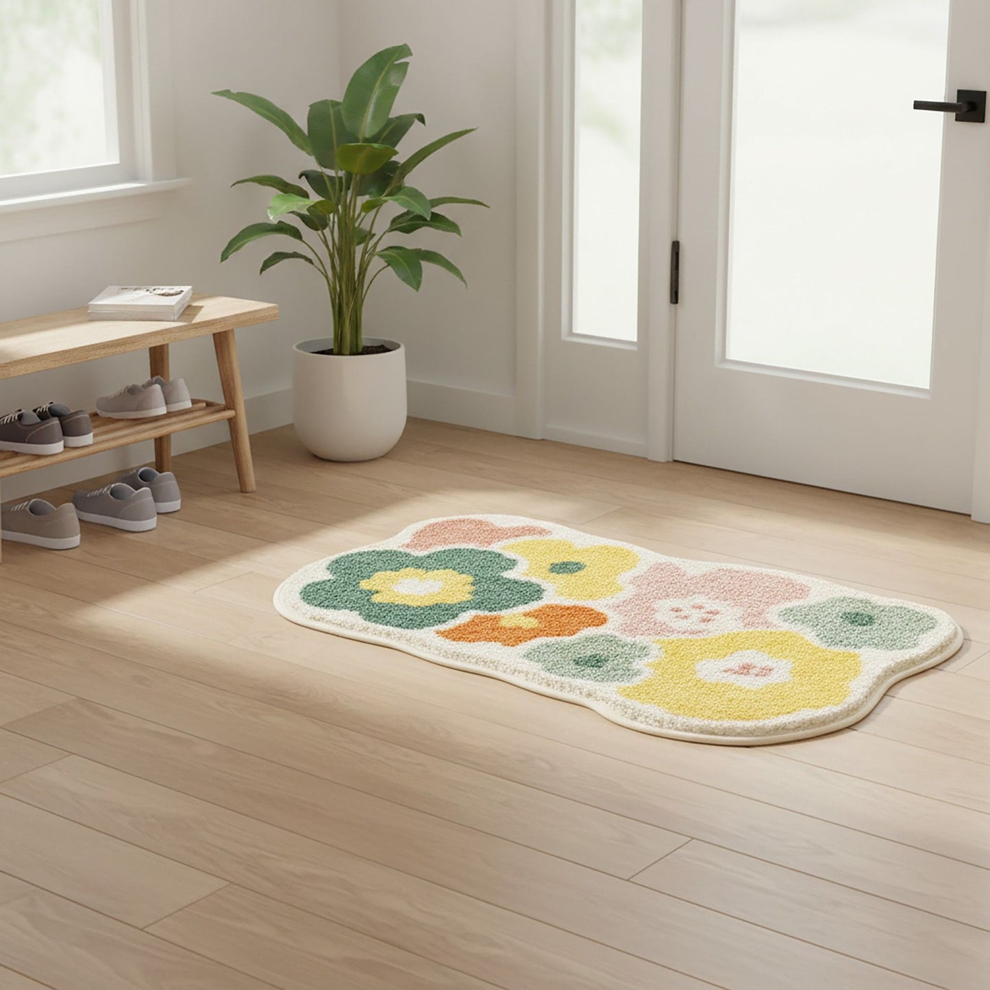 Tufted Floor Mat with Floral Daisy Pattern Non Slip Backing Soft Plush Decorative Scalloped Edge Rug