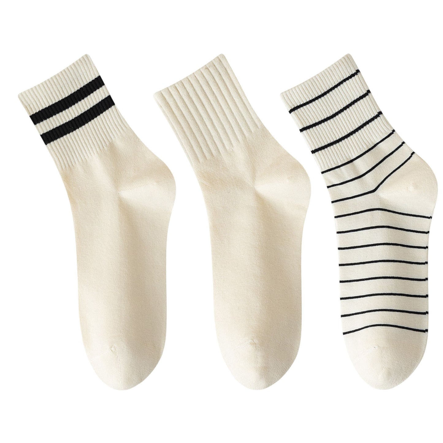 3 Pairs Women's Crew Socks in Cotton Blend Ribbed Cuff Assorted Stripes Dots Letter Graphic Print Design