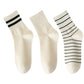 3 Pairs Women's Crew Socks in Cotton Blend Ribbed Cuff Assorted Stripes Dots Letter Graphic Print Design