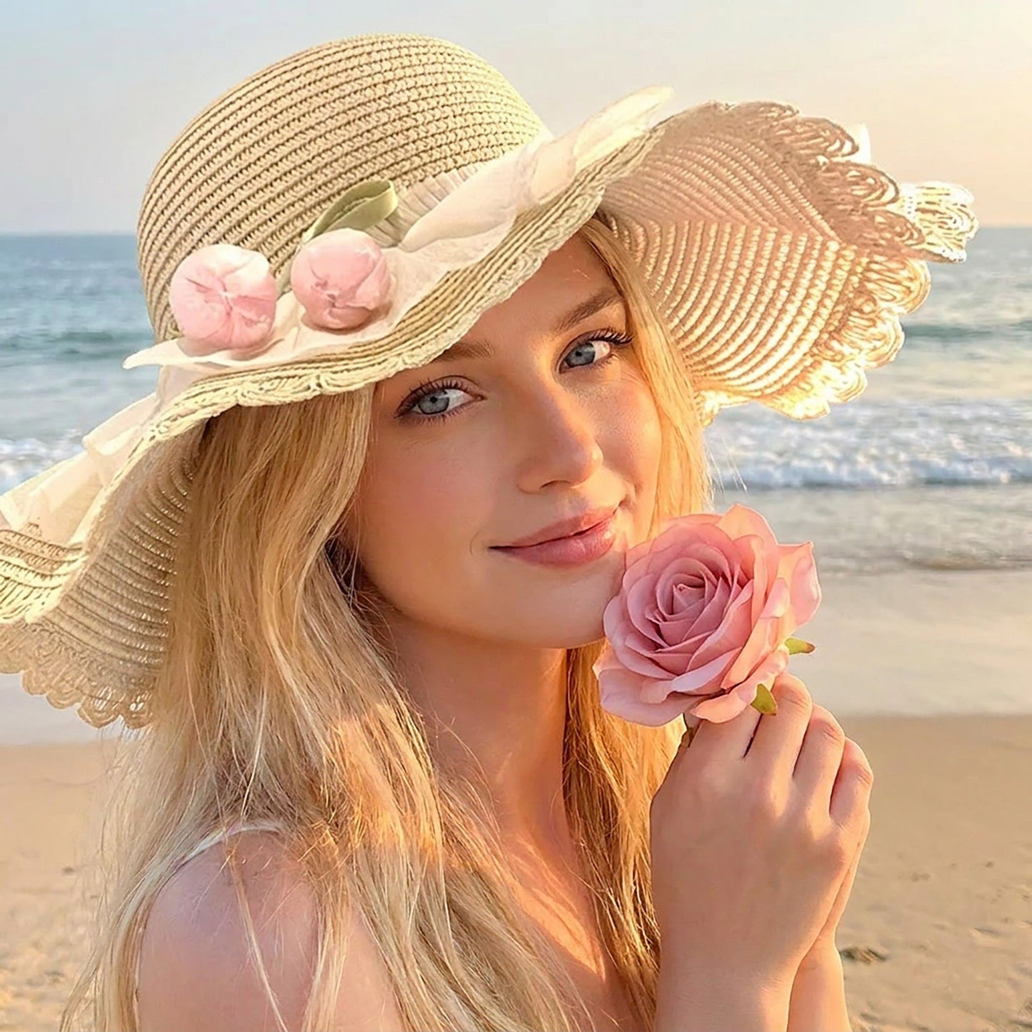Wide Brim Straw Sun Hat with Pleated Sheer Brim Bow Accent and Floral Trim