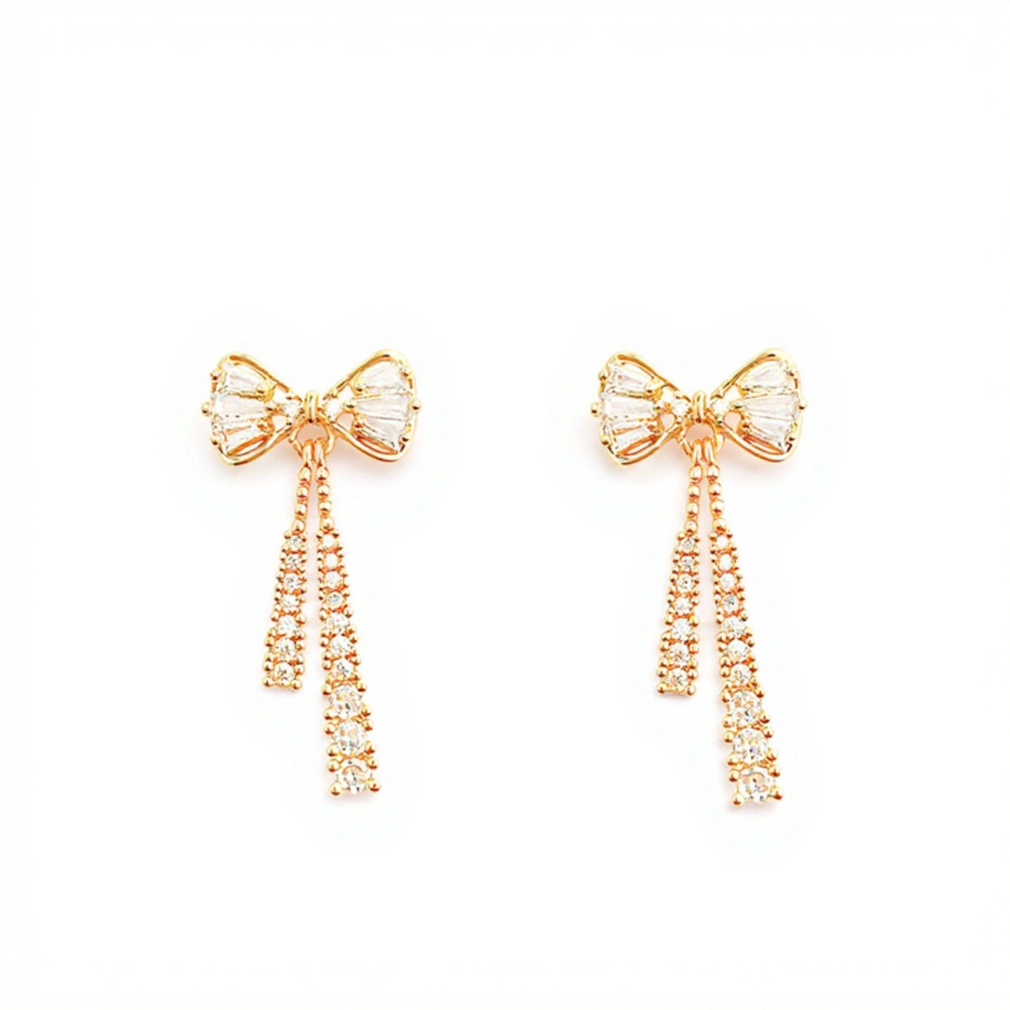 Elegant Bow Drop Earrings with Sparkling Tapered Accents and Delicate Dangling Strands for a Refined Feminine Statement Look