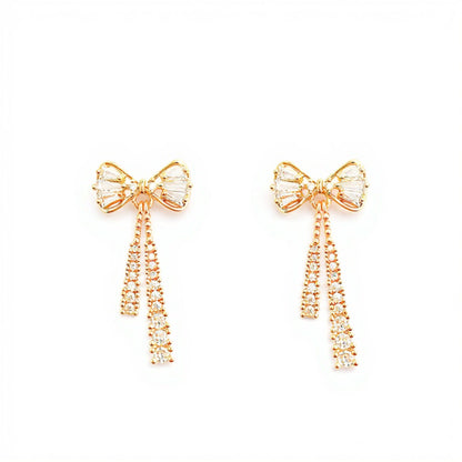 Elegant Bow Drop Earrings with Sparkling Tapered Accents and Delicate Dangling Strands for a Refined Feminine Statement Look