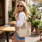 Woven Straw Tote Bag with Zip Closure Shoulder Straps and Tassel Accent