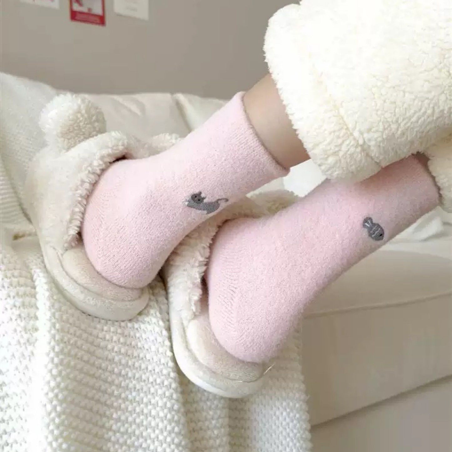 3-Pair Fuzzy Crew Sock Set with Cute Embroidery US 5¨C10