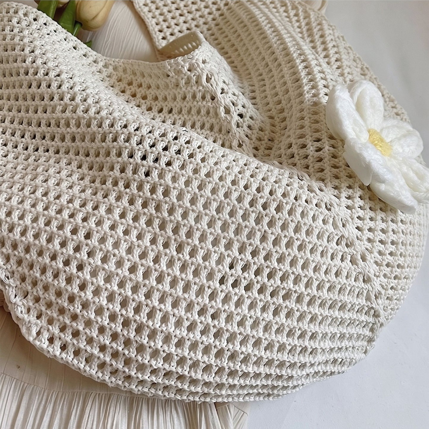 Woven Crochet Hobo Shoulder Bag Lightweight Knit Slouchy Tote with Flower Detail