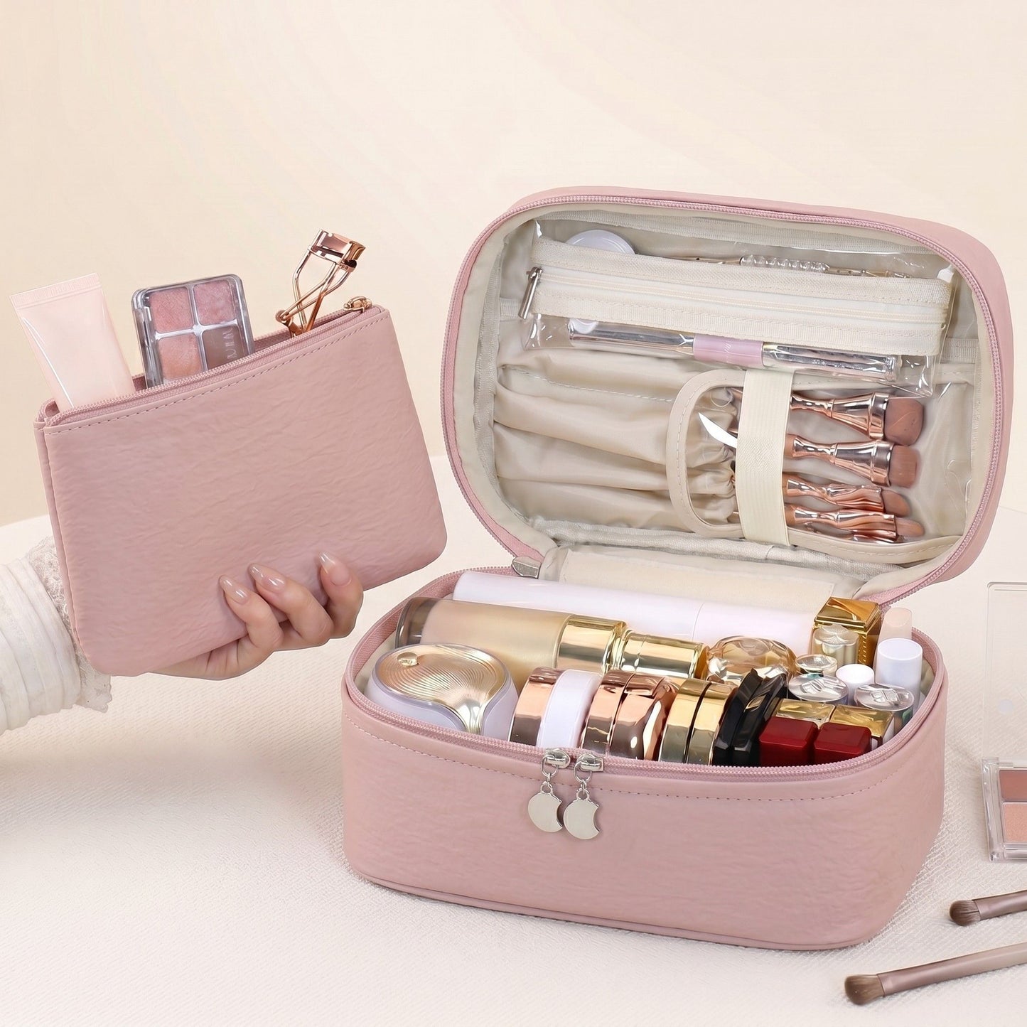 Travel Makeup Organizer Case with Removable Cosmetic Pouch Waterproof Storage Bag Set