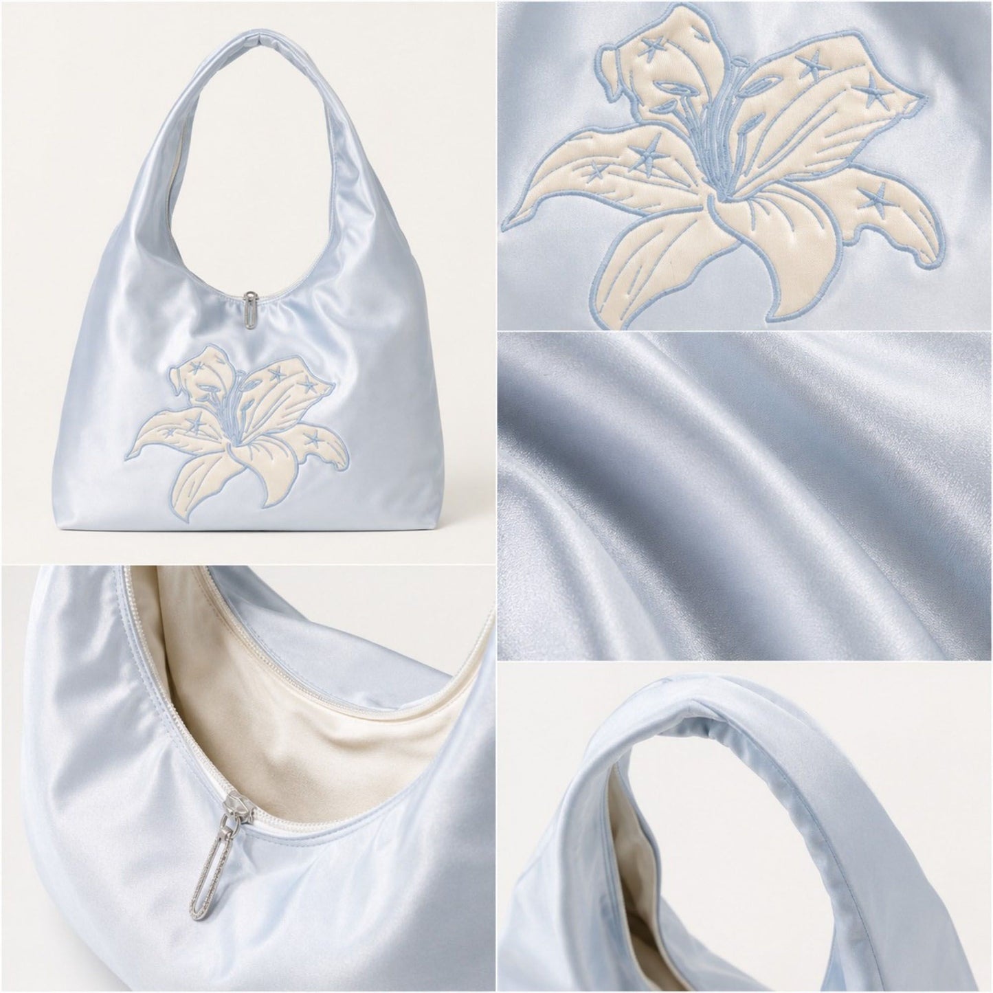 Satin Hobo Shoulder Bag with Embroidered Lily Detail