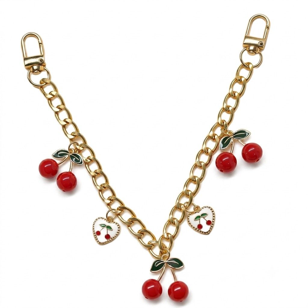 Cherry Charm Decorative Bag Chain with Double Clasps and Gold-Tone Hardware