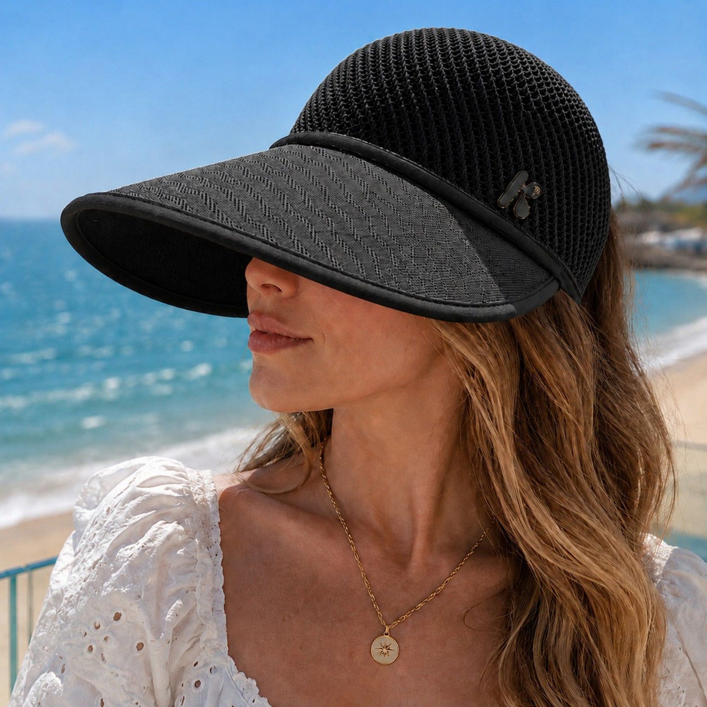 Wide Brim Woven Visor Hat with UPF 50 Plus Crown Ponytail Back and Contrast Trim