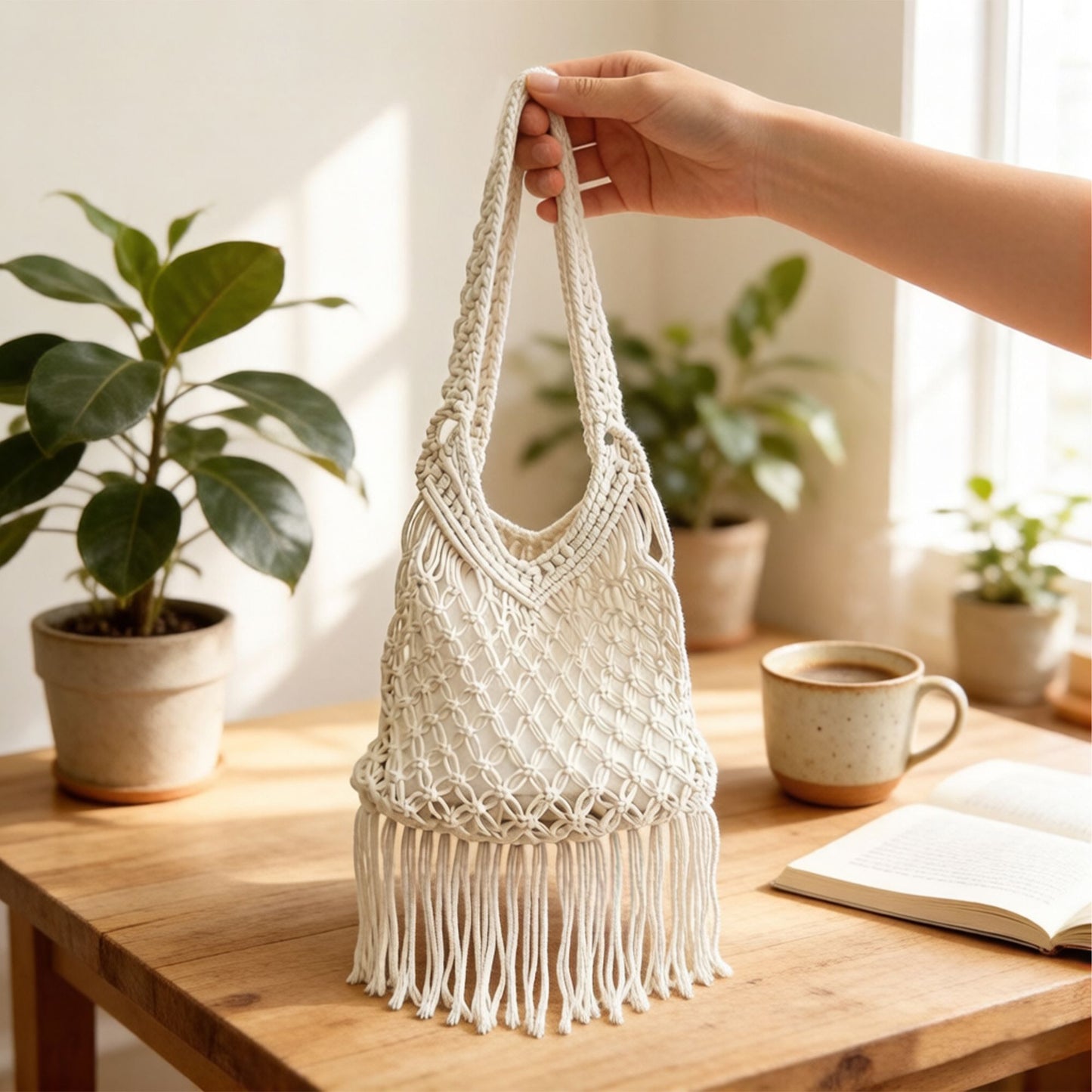 Crochet Fringe Shoulder Bag Open Knit Boho Tassel Handbag Lightweight Woven Crossbody Tote