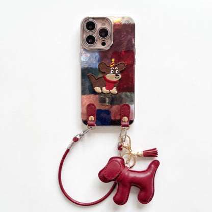 Dog Patch Phone Case Wrist Strap Set Puppy Charm Tassel Decorative Cover