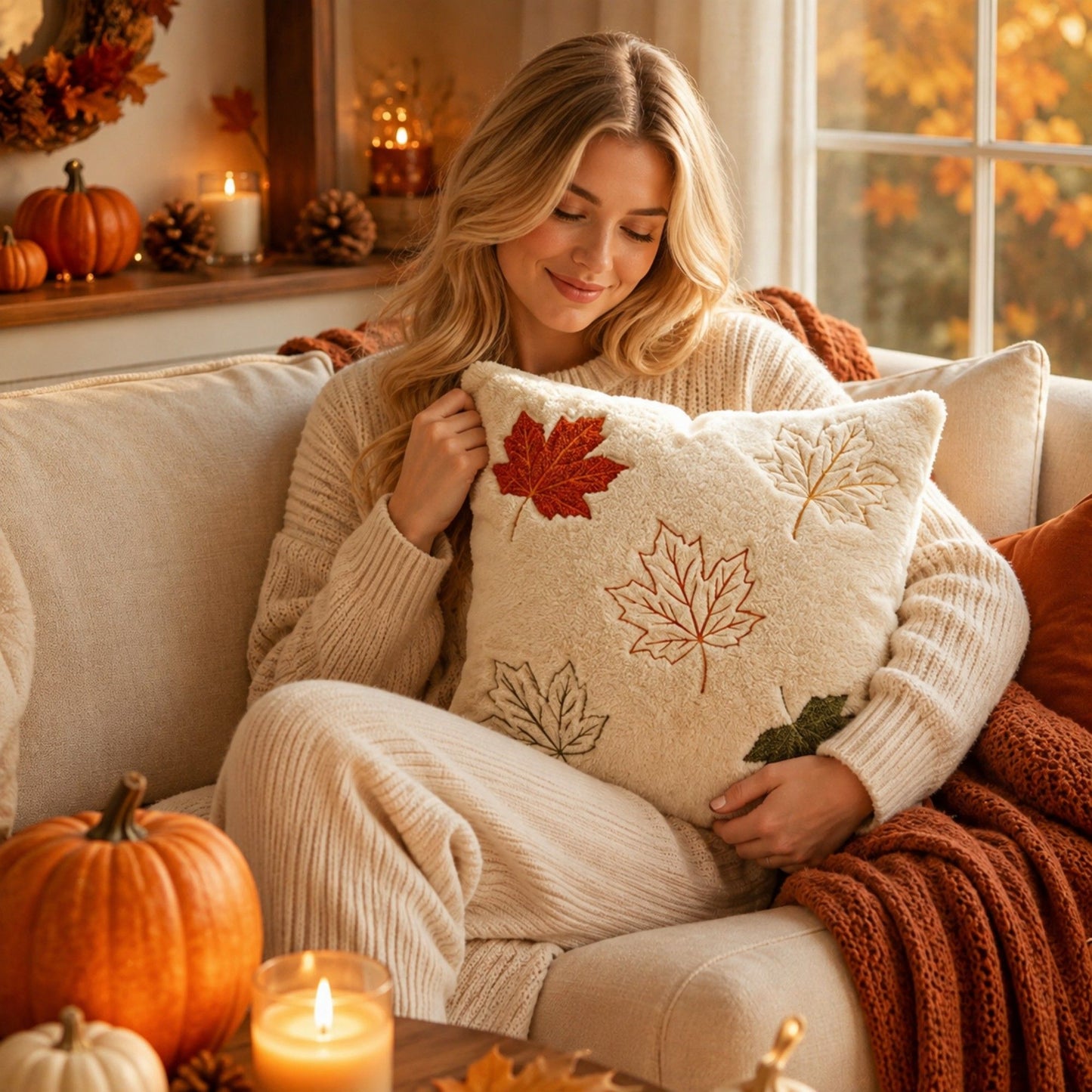 Autumn Pumpkin Maple Leaf Throw Pillow Cover Square Plush Cushion Cover