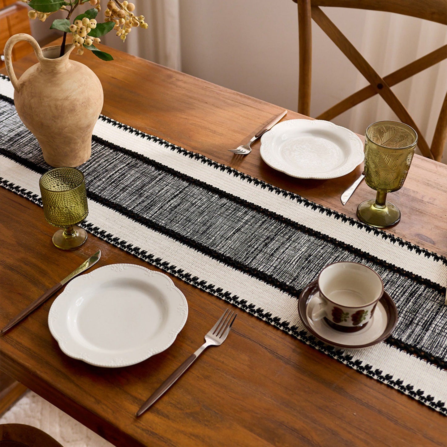 Textured Woven Table Runner with Fringe Edges and Bohemian Stripe Pattern 47x11.8 in