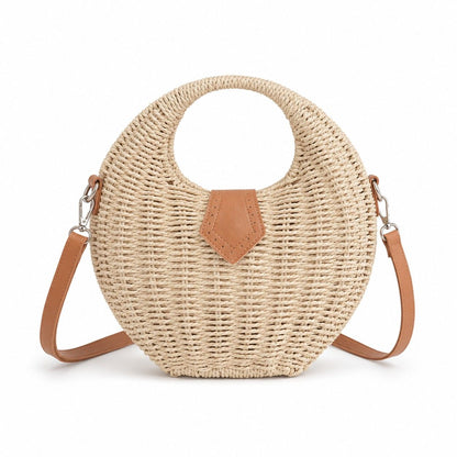 Round Woven Top Handle Crossbody Bag with Magnetic Snap and Detachable Strap