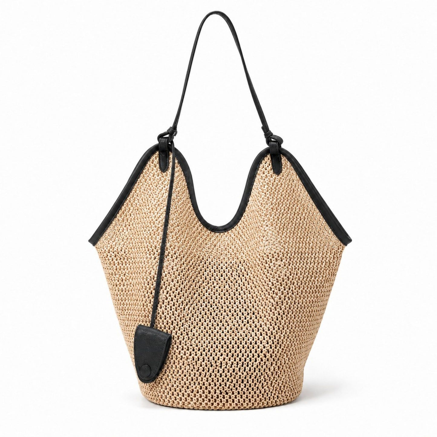 Woven Straw Style Tote Bag Large Capacity Shoulder Bag with Faux Leather Trim