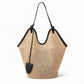 Woven Straw Style Tote Bag Large Capacity Shoulder Bag with Faux Leather Trim