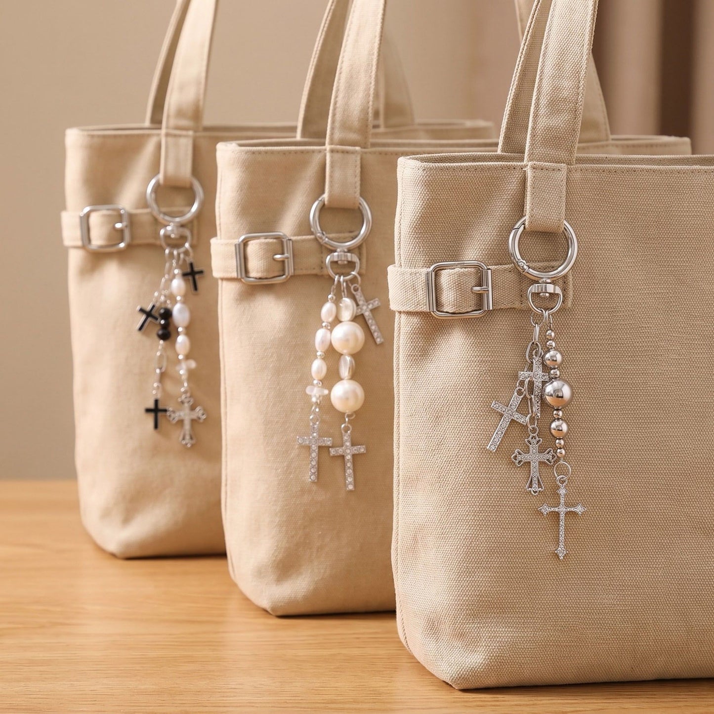 Gothic Rhinestone Cross & Pearl Bag Charm Key Chain 3-Piece Set
