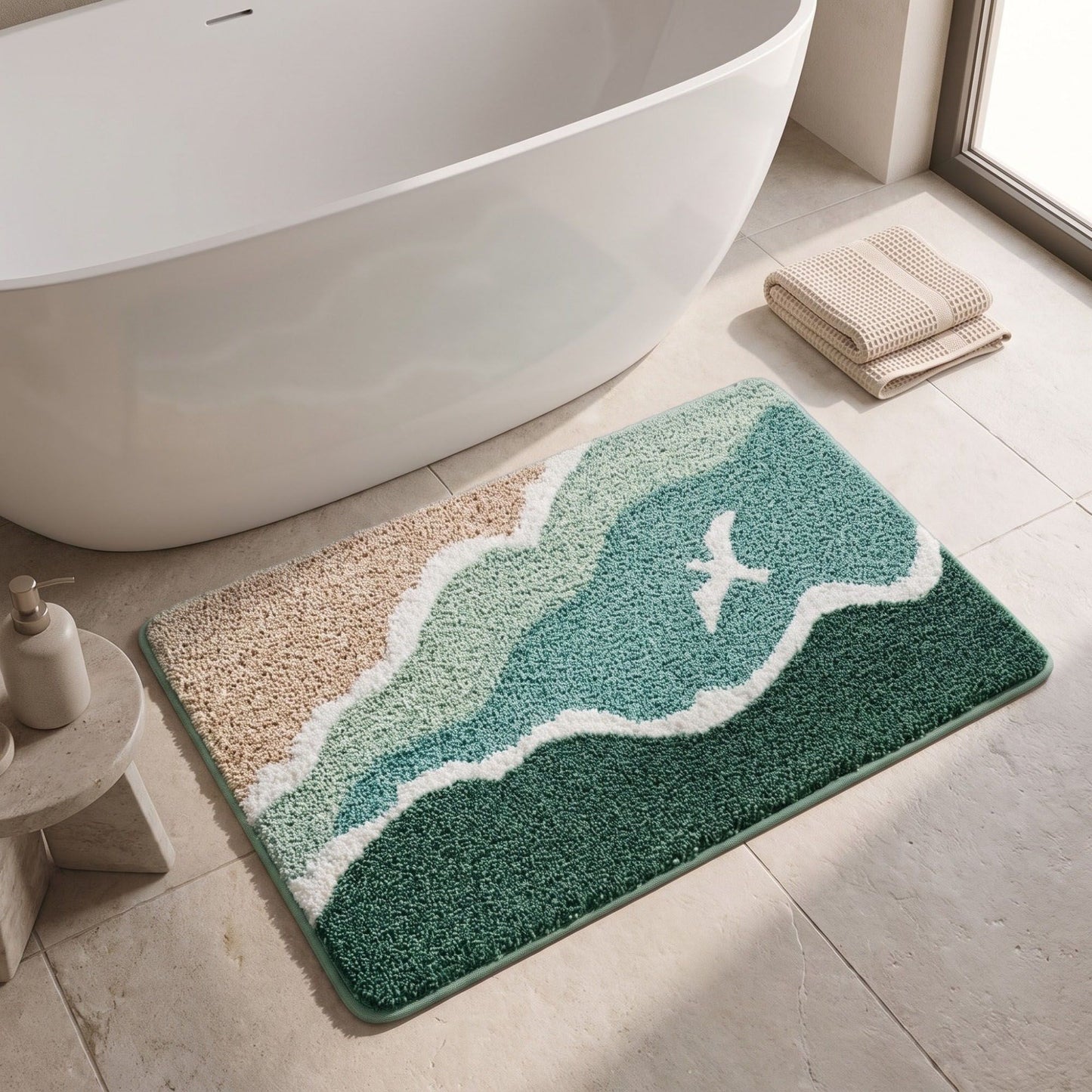 Coastal Ocean Wave Plush Bathroom Mat with Life Preserver and Seashell Design