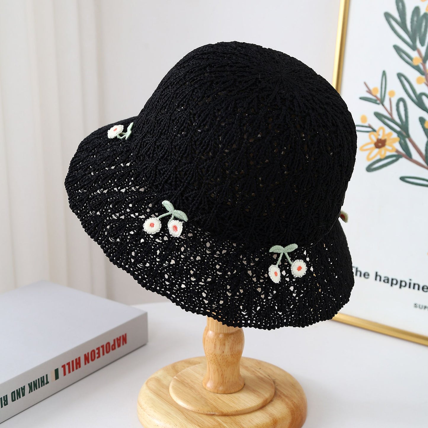 Crochet Straw Sun Hat with Cherry Accents