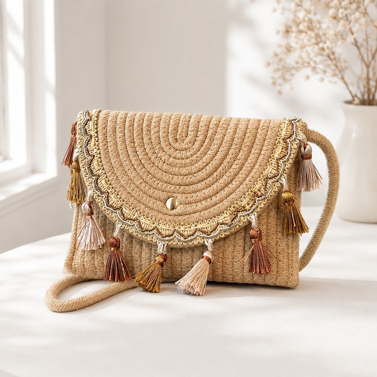 Boho Woven Fabric Crossbody Bag with Tassel Trim and Magnetic Closure