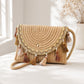 Boho Woven Fabric Crossbody Bag with Tassel Trim and Magnetic Closure