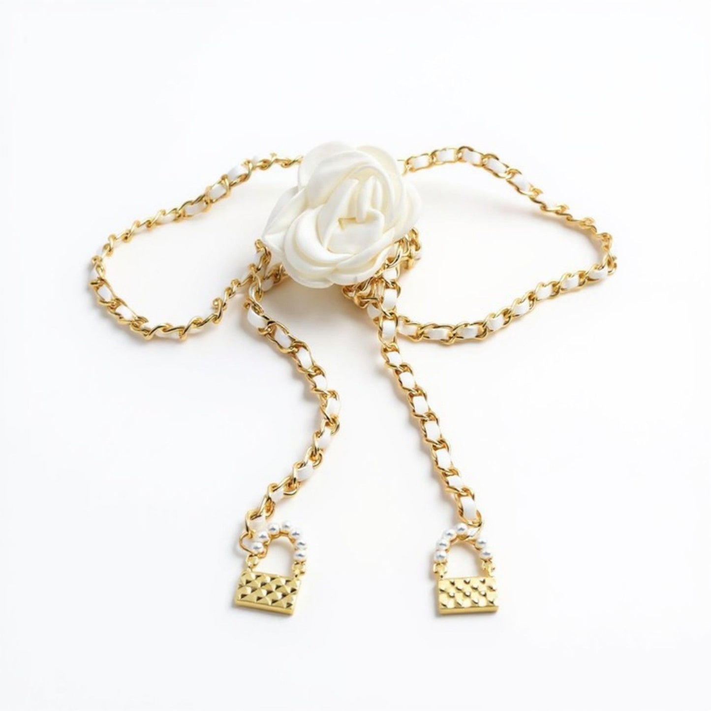 Rose Flower Chain Belt with Hanging Lock Charms and Adjustable Drape Design 45.5in