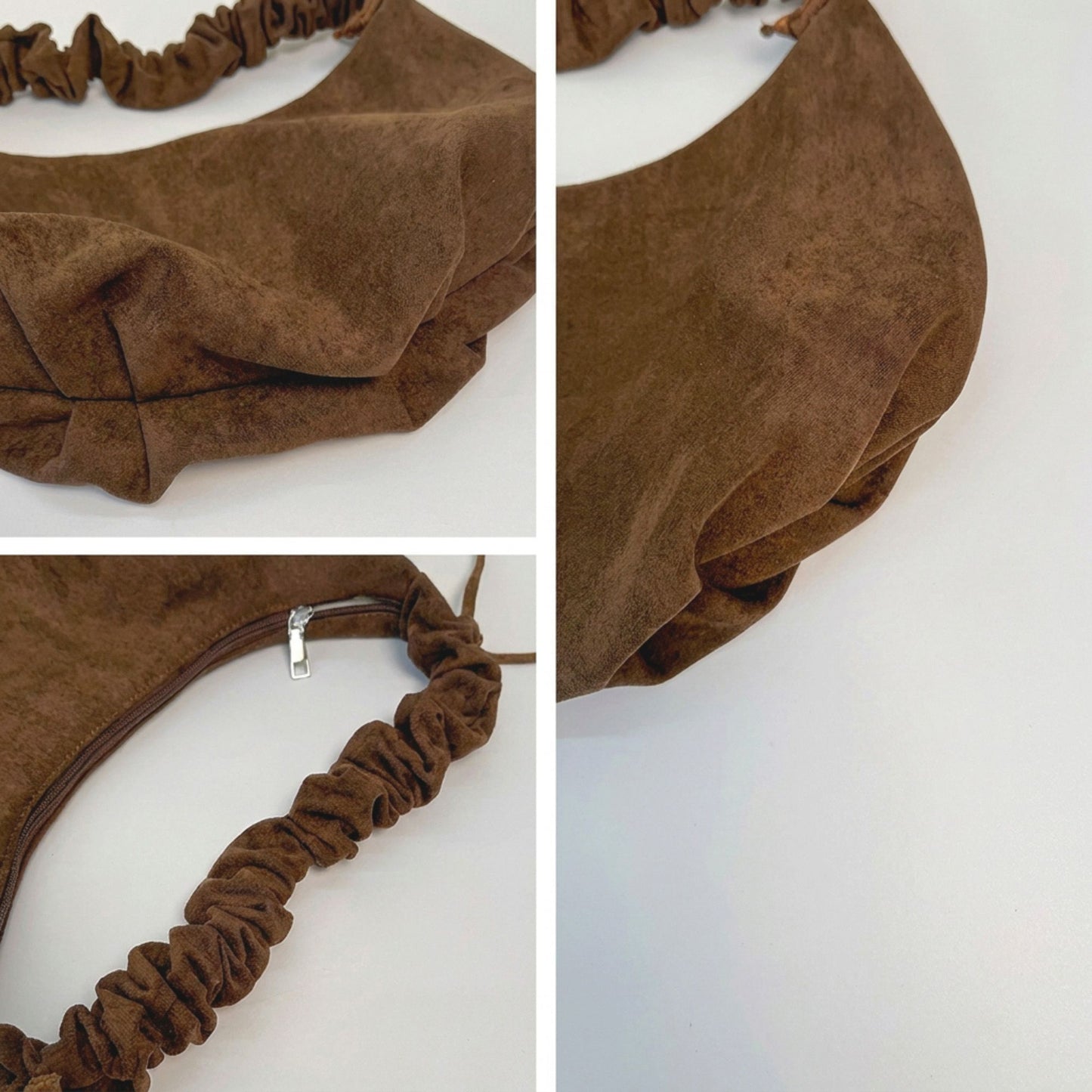 Faux Suede Hobo Shoulder Bag Ruched Strap Zipper Closure Everyday Purse