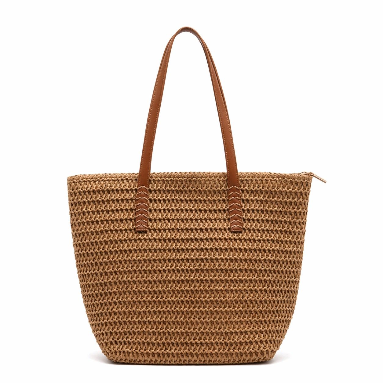 Woven Straw Tote Bag with Leather Shoulder Straps Lightweight Crochet Knit Large Capacity Bag