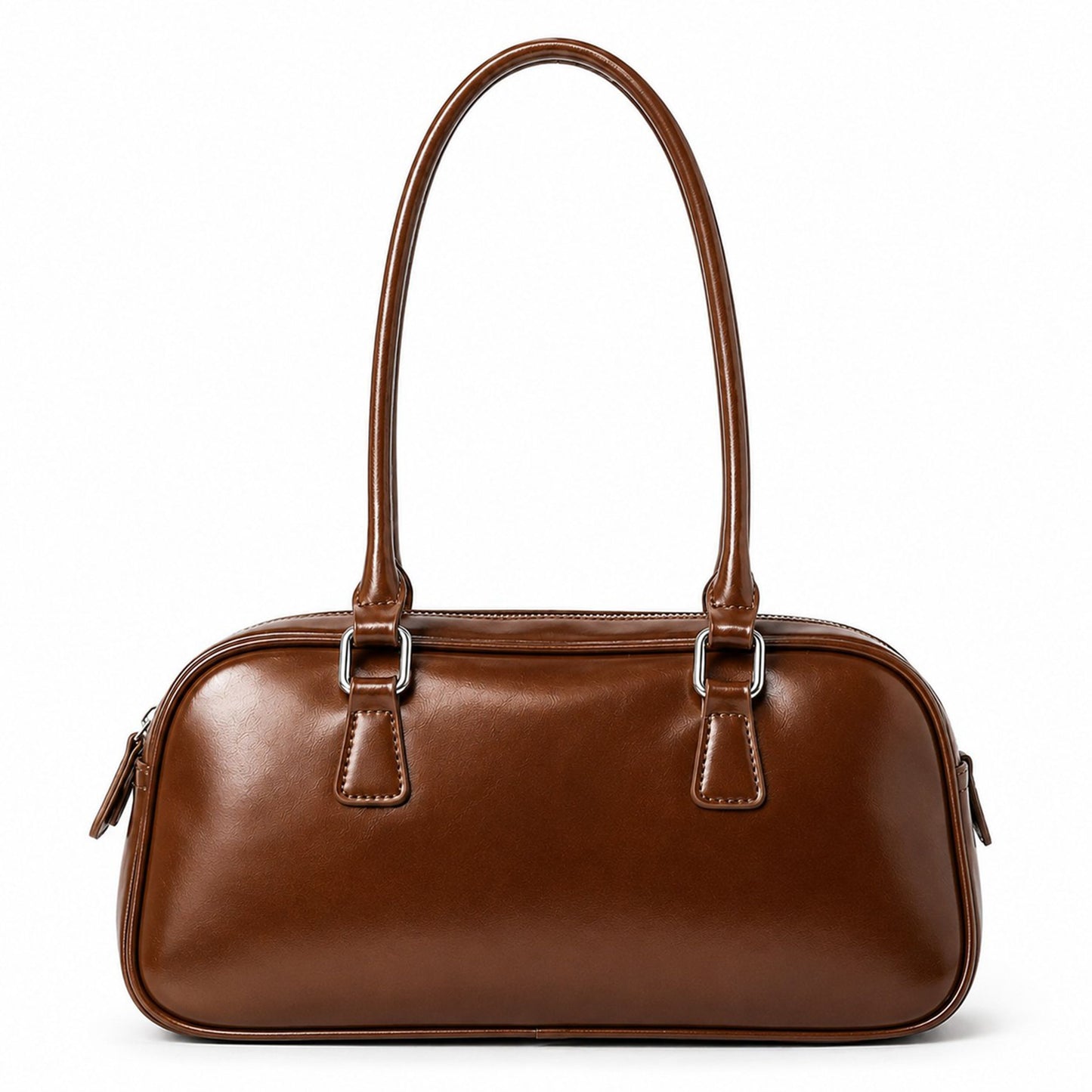 East West Faux Leather Bowler Shoulder Bag with Double Handles and Zip Closure