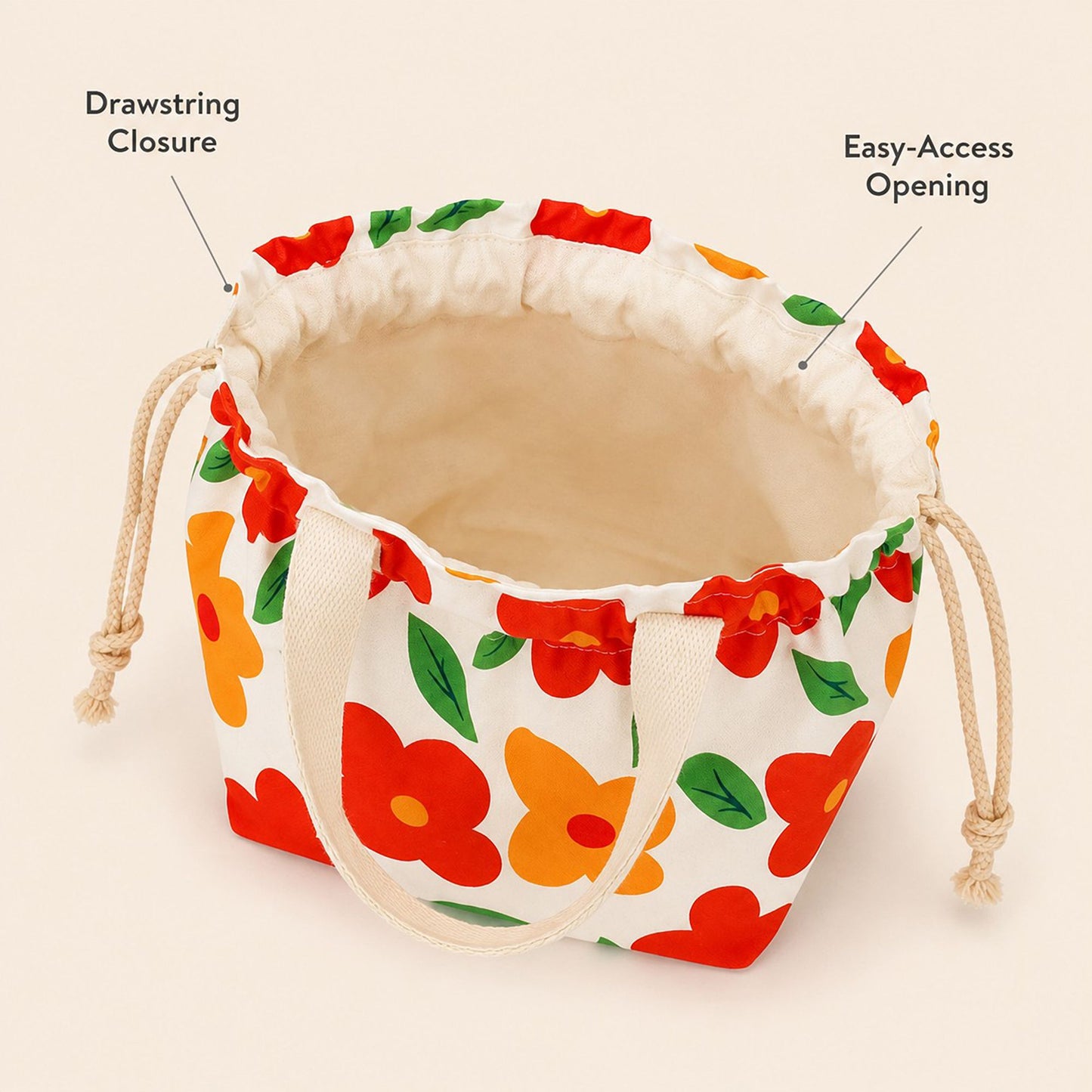 Printed Drawstring Lunch Tote with Top Handles