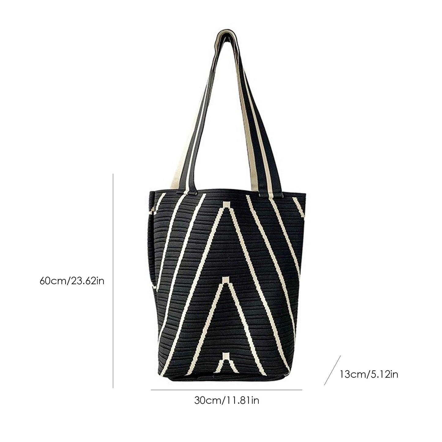 Geometric Stripe Knit Tote Bag with Long Shoulder Straps