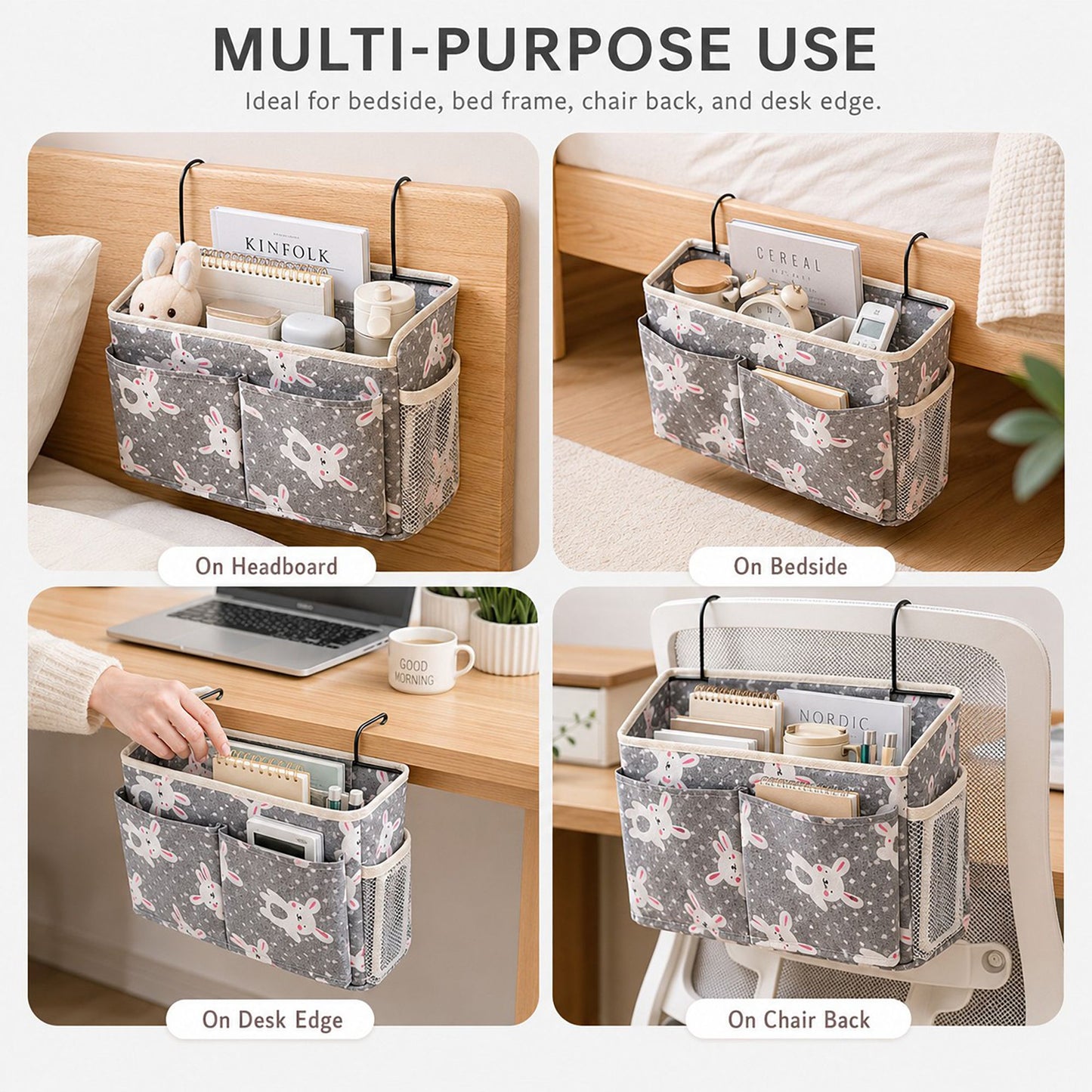 Hanging Bedside Storage Caddy Bunny Print Organizer with Hooks and Multiple Pockets