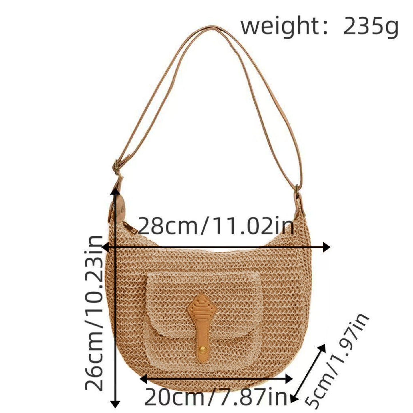 Woven Crochet Hobo Bag with Flap Pocket Leather Strap Slouchy Shoulder Handbag Lightweight Knit Tote