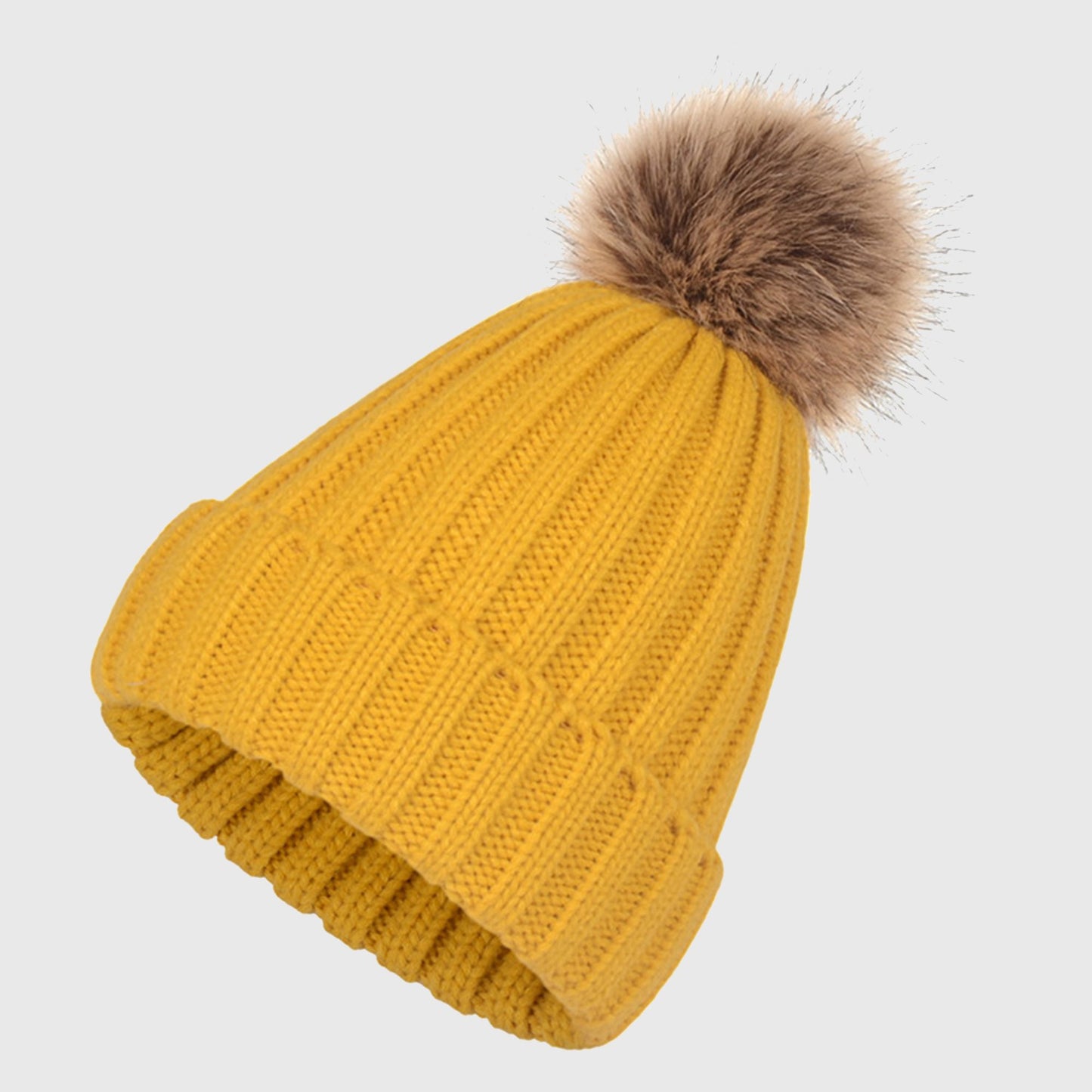 Cable Knit Beanie with Faux Fur Pom-Pom - Warm Stretchy Winter Hat for Casual Daily Wear