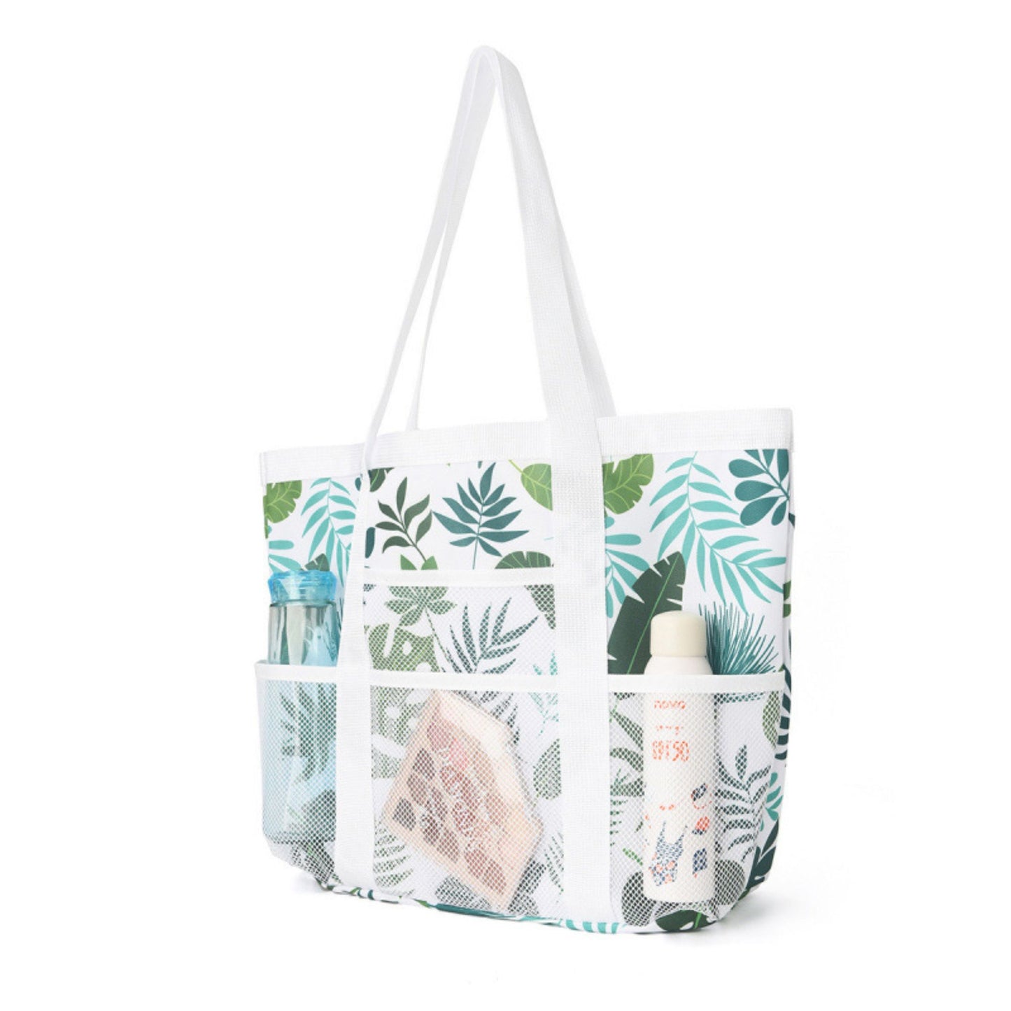 Printed Beach Tote Bag with Mesh Pockets and Shoulder Handles