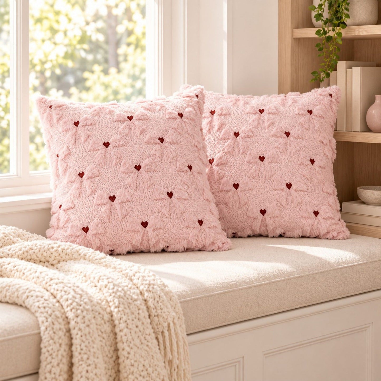 2 Pack Tufted Bow Heart Decorative Throw Pillow Covers Soft Textured Cushion Covers