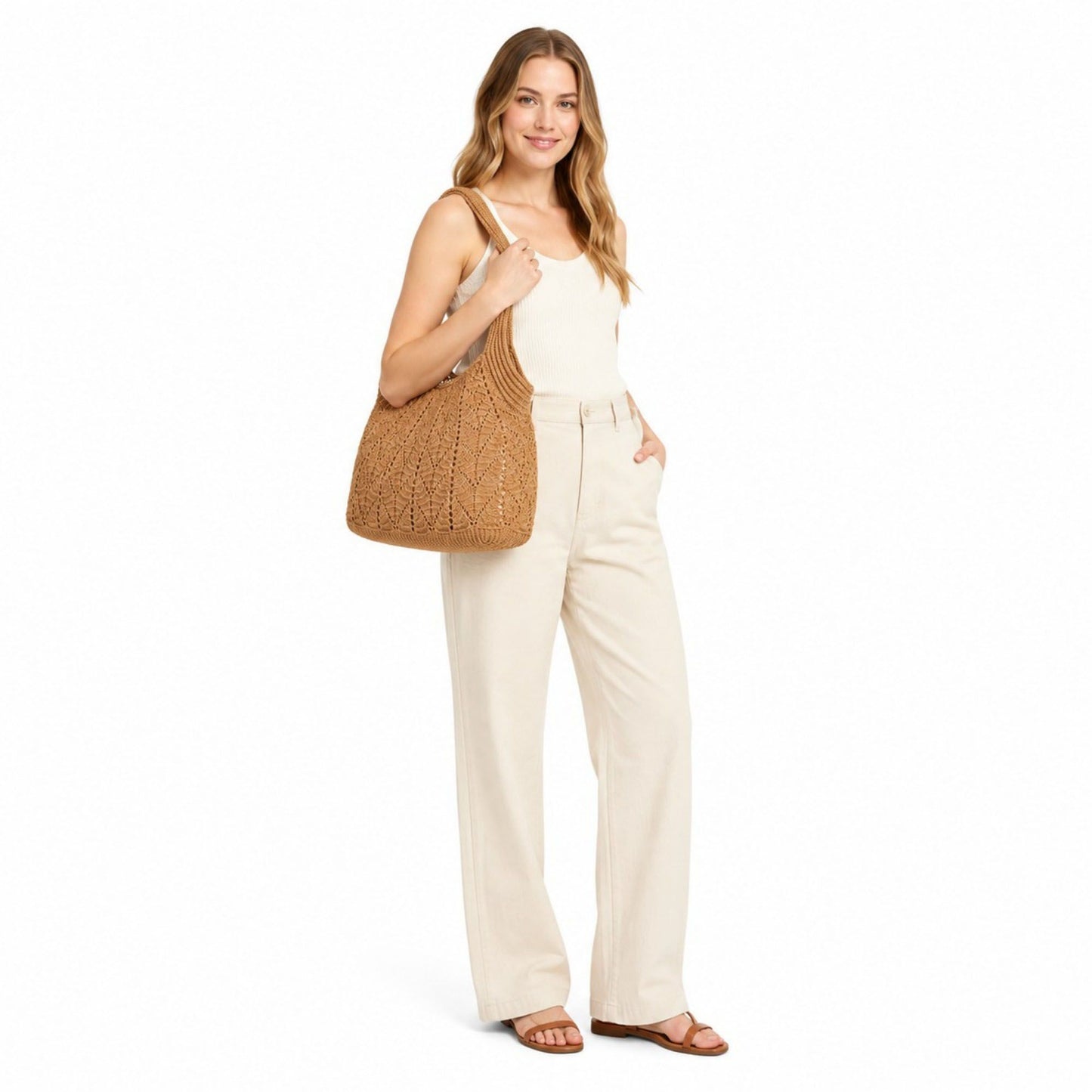 Crochet Tote Bag Lightweight Shoulder Bag with Openwork Knit Texture