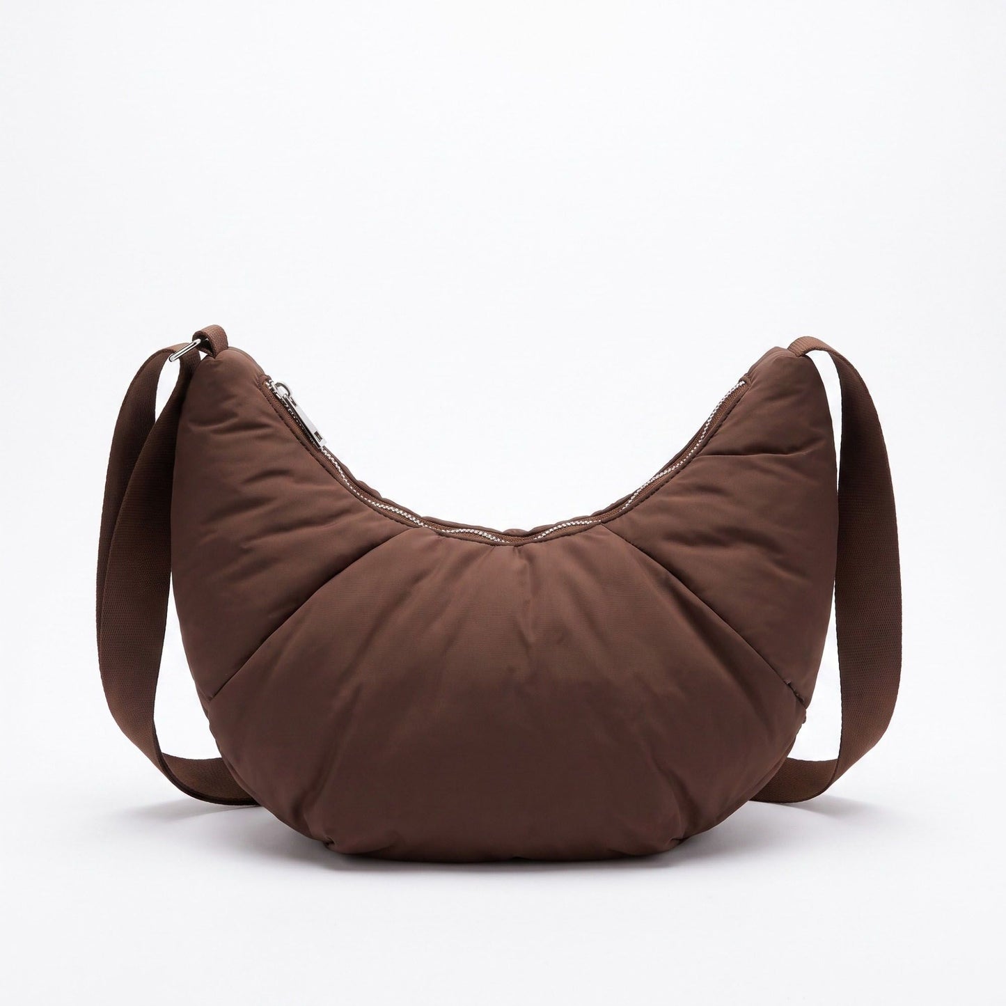 Padded Crescent Shoulder Bag with Wide Strap and Top Zipper Closure 13x7.5x2.5in