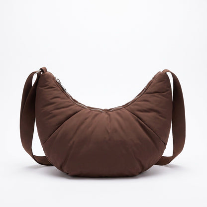 Padded Crescent Shoulder Bag with Wide Strap and Top Zipper Closure 13x7.5x2.5in