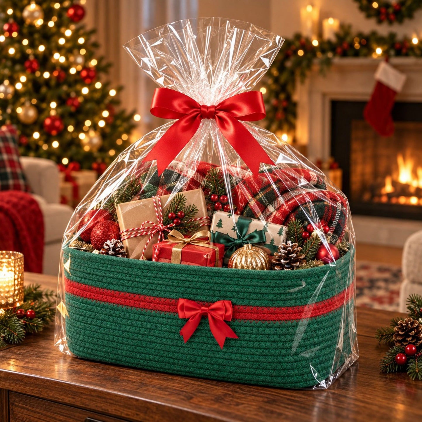 Woven Cotton Cord Rectangular Holiday Storage Basket with Bow