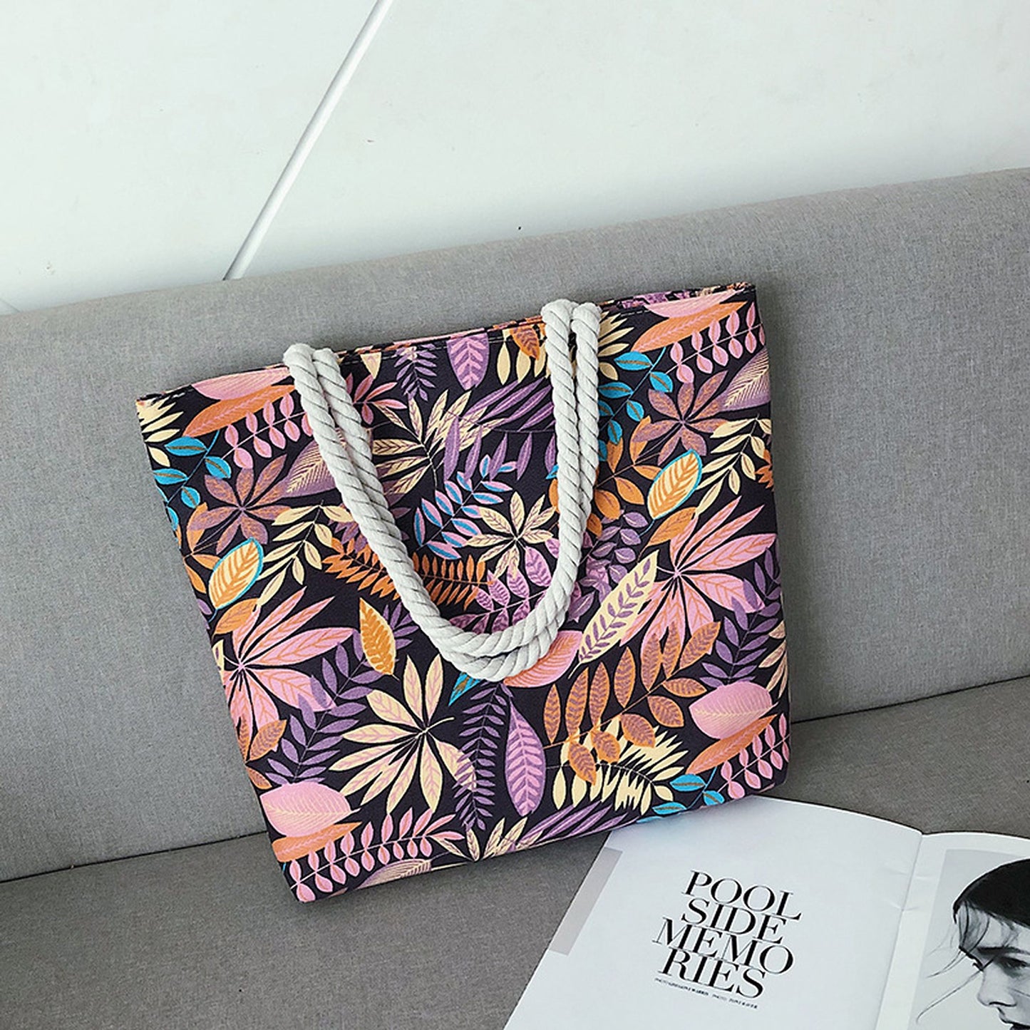 Tropical Leaf Print Canvas Tote Bag - Large Capacity Shoulder Bag
