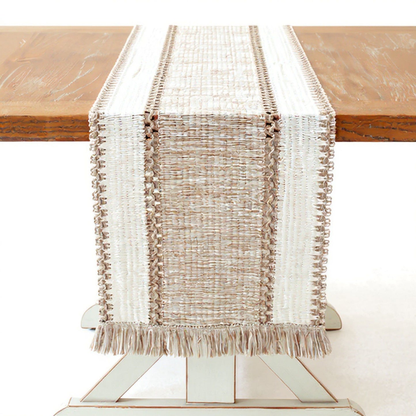 Textured Woven Table Runner with Fringe Trim and Neutral Stripe Pattern 47x11.8 in