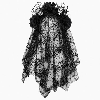 Halloween Floral Skull Headband with Spiderweb Lace Veil