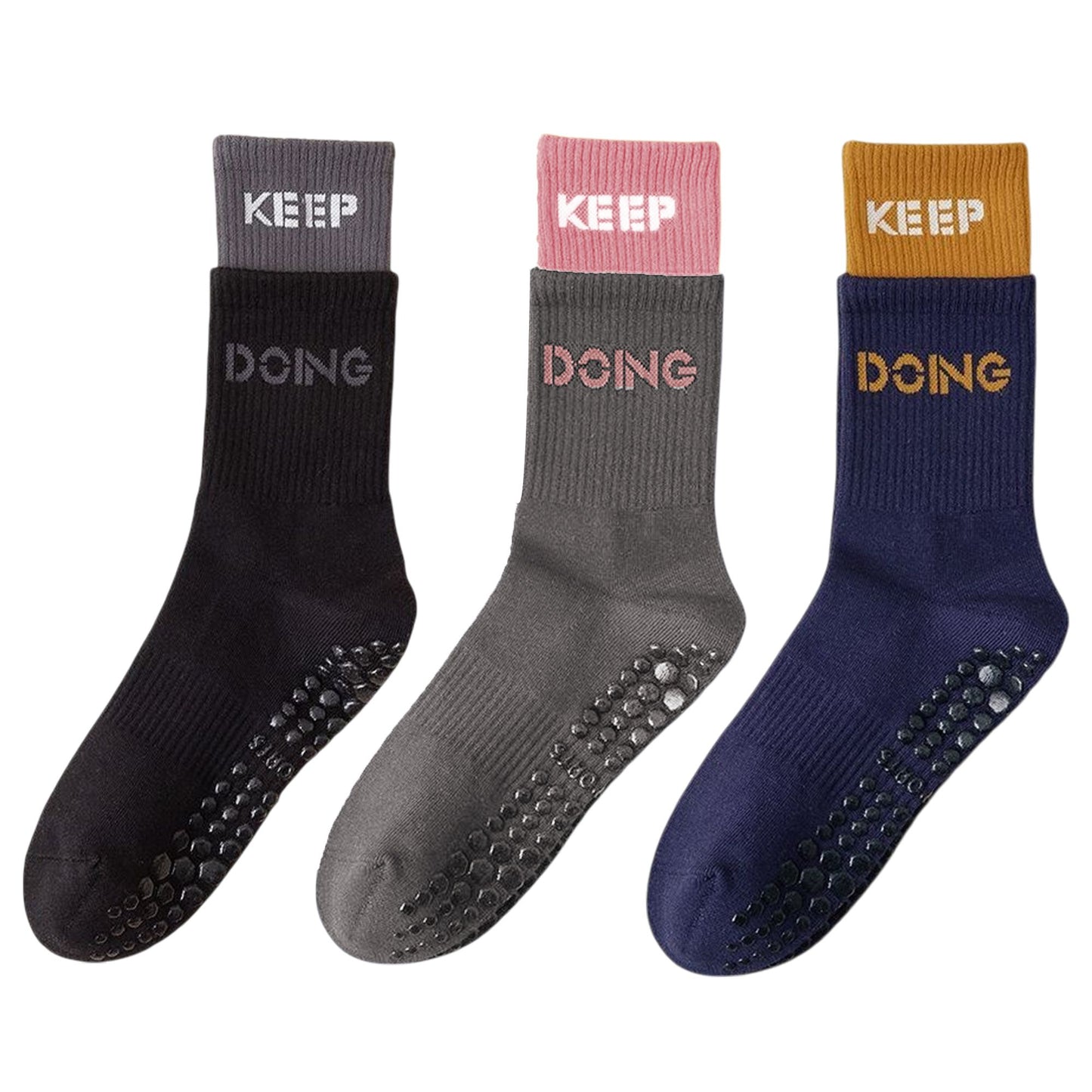 3-Pair Set Mid-Calf Grip Socks with Cushioned Soles and Motivational Text for Yoga Pilates Fitness