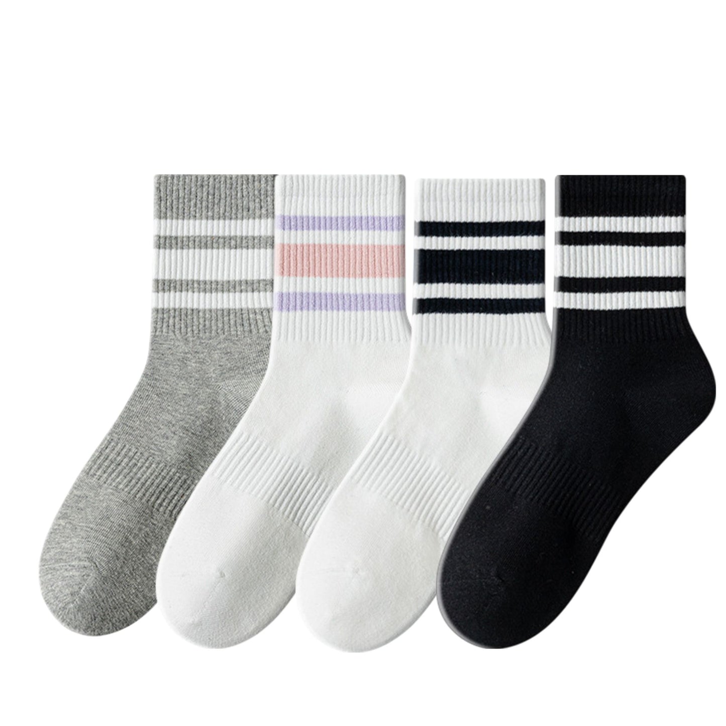 Crew Socks 4-Pack White Base Colorful Ribbed Cuff Striped Design Stretch Comfort Breathable Fit