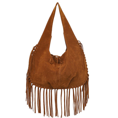 Slouchy Fringe Hobo Shoulder Bag with Tie Closure and Inner Pockets